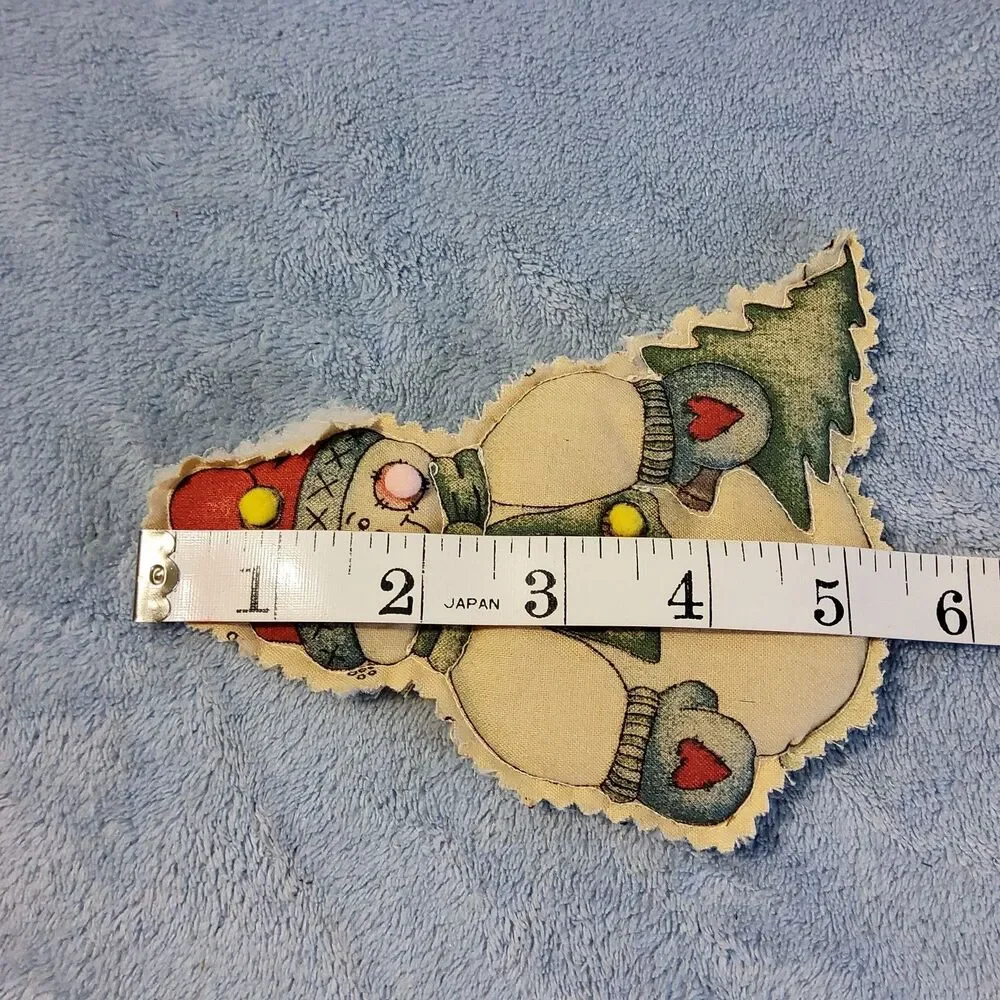 Vintage Handmade Puffed Fabric Snowman Ornament Applique Pom Poms 5.5